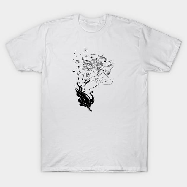 Witch With Wolves Line Artwork T-Shirt by cellsdividing